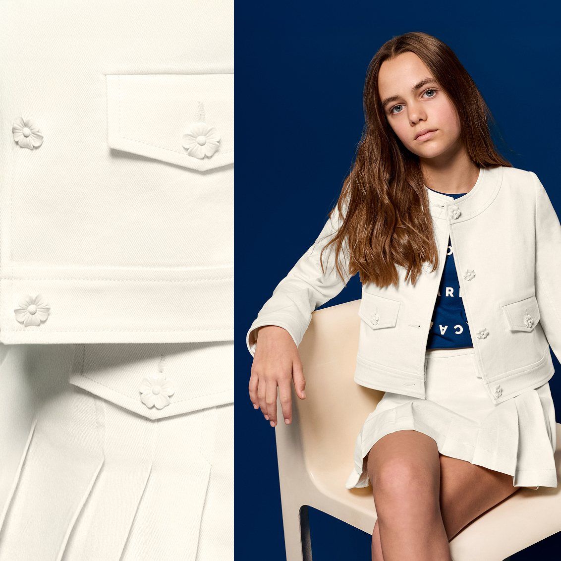 Discover the soft white denim ensemble with cropped jacket and pleated skirt