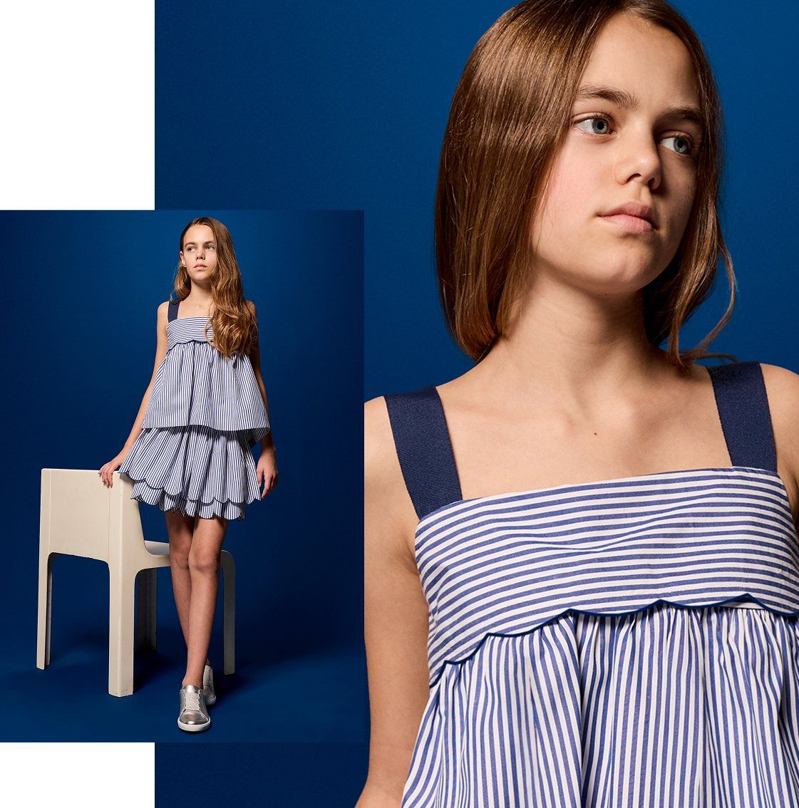Discover the girl look, with a scalloped striped top and the matching skirt
