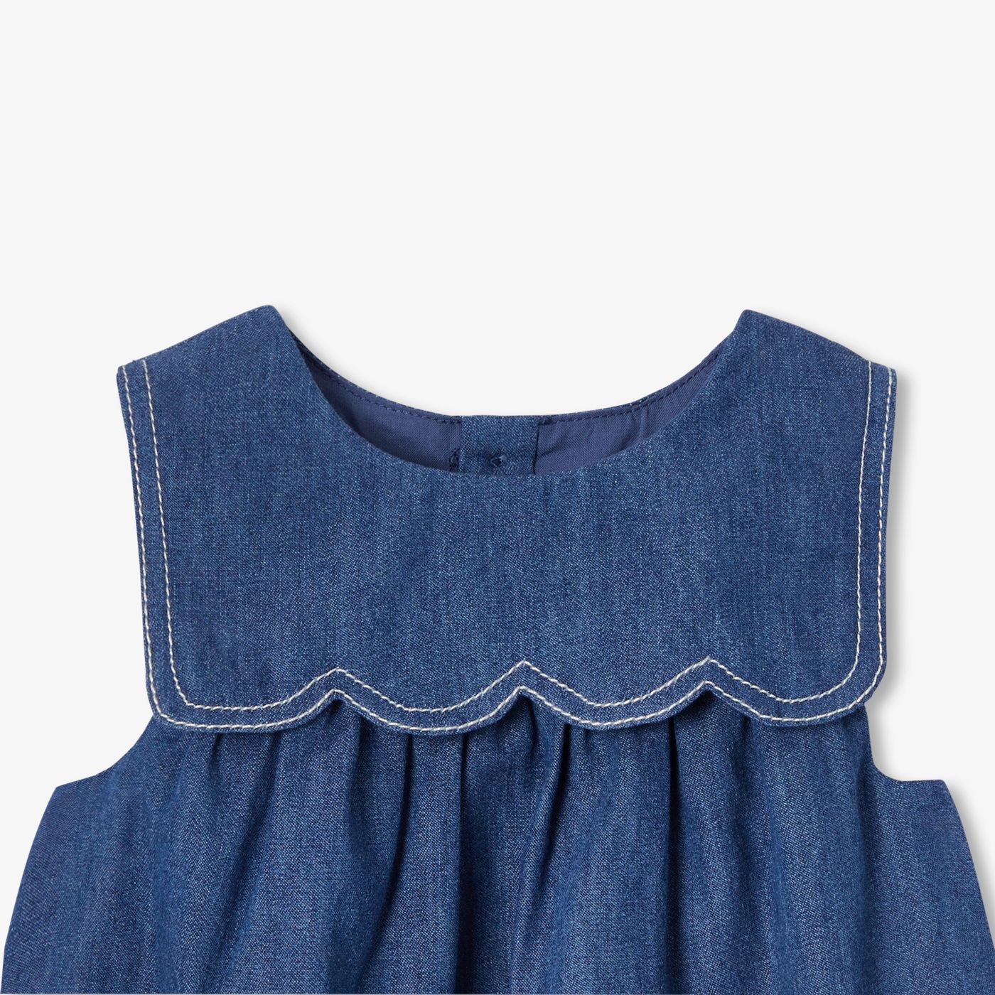 white dress with denim Denim Fringe Button Up Dress Denim Blue / Small